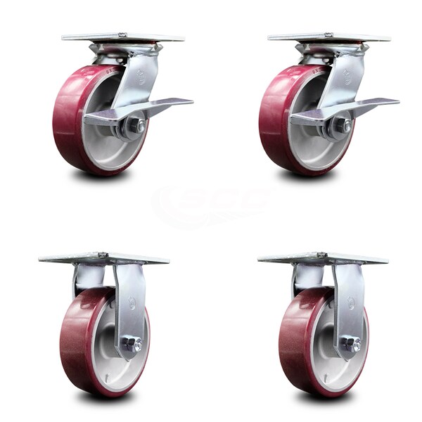 6 Inch Poly on Aluminum Caster Set with Roller Bearing 2 Brakes and 2 Rigid SCC